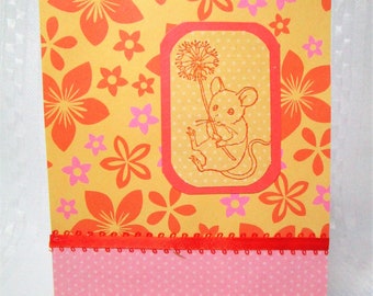 Handmade greeting card. Mouse with flower greeting card. Hand stamped & embossed blank inside.