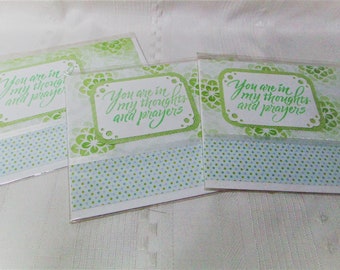 You are in my thoughts and prayers. Handmade card. Layered paper. Stamped and embossed by hand one at a time.