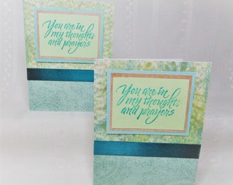 Pair of cards. You are in my thoughts and prayers. Handmade card. Layered paper. Stamped and embossed by hand one at a time.