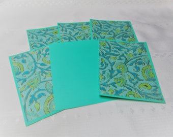 Flat note cards. Set of six. With or without envelopes. Teal & green paisley note cards.