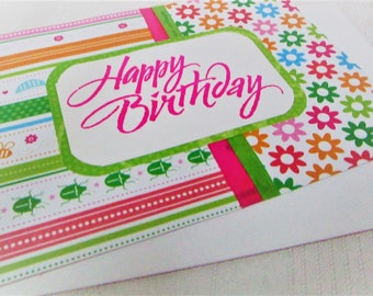 Handmade Happy Birthday card. Hand stamped and embossed. Layered paper. Blank inside, #9034