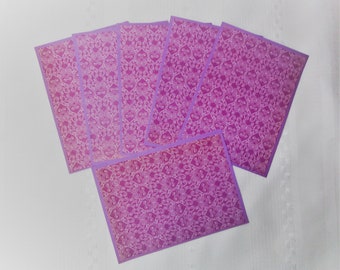 Flat note cards. Set of six. With or without envelopes. Purple hearts on purple.