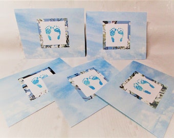 Set of 5 cards. Handmade card. Baby feet. Baby boy card in blue #3503