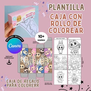 Może przedstawiać: Różowe pudełko na prezent z rolką kolorowanek, z tekstem "Mis 5 años Alfonsina." Projekt zawiera logo Canva oraz słowa "CAJA DE REGALO PARA COLOREAR" i "PLANTILLA CAJA CON ROLLO DE COLOREAR."