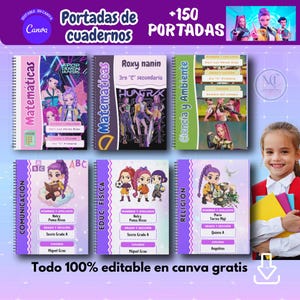 May include: A collection of school notebook covers with various subjects like Mathematics, Science, and Religion. Each cover features colorful illustrations and text, with the words "Portadas de cuadernos" and "Todo 100% editable en canva gratis" visible.