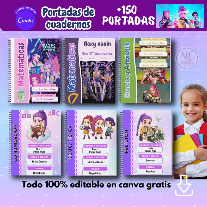 May include: A collection of school notebook covers with various subjects like Mathematics, Science, and Religion. Each cover features colorful illustrations and text, with the words "Portadas de cuadernos" and "Todo 100% editable en canva gratis" visible.