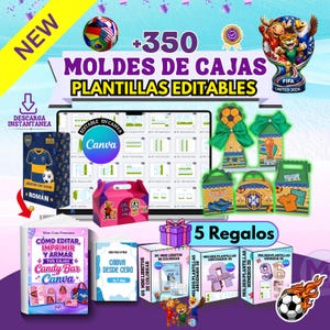 May include: A digital collection of over 350 editable box templates and designs for party favors, featuring soccer-themed graphics, FIFA 2026 branding, and instructional guides for editing, printing, and assembling candy bar items using Canva software.