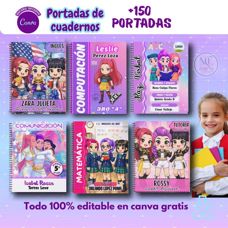 Trendy School Notebook Covers | +150 Editable Designs in Canva for Girls | Printable School Kit +10 Gifts image 2