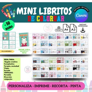 Mini Coloring Book Template Editable in Canva – 50 Printable Preschool Books, Foldable Party Favors, Quiet Book for Kids mini book template