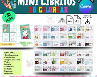Mini Coloring Book Template Editable in Canva – 50 Printable Preschool Books, Foldable Party Favors, Quiet Book for Kids mini book template