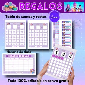May include: A collection of purple and white educational printables. The image includes a math worksheet with the text "SUMA" and "RESTA", a class schedule, and labels. The text "REGALOS" and "Todo 100% editable en canva gratis" are also visible.