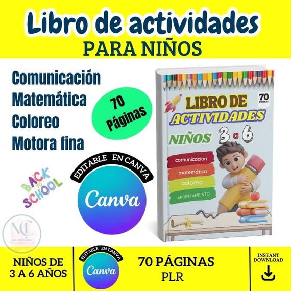 Libro de Actividades Infantil 3‑7 Años | Imprimible + Editable en Canva con PLR | Matemáticas, Comunicación +motora fina Bonus: Dino Coloreo