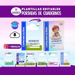 Op de afbeelding: Een promotieafbeelding voor bewerkbare notitieboekcovers. De afbeelding toont een paarse banner met witte tekst, met de tekst "14 Bewerkbare Ontwerpen Notitieboek Covers". Er worden verschillende notitieboekcoverontwerpen weergegeven, waaronder vakken als Engels, wiskunde en geschiedenis. De covers hebben een cartoonstijl.