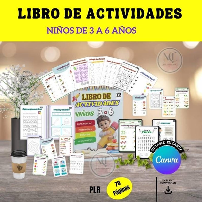 May include: A collection of children's activity pages and a book titled "LIBRO DE ACTIVIDADES" with the text "NI&Ntilde;OS DE 3 A 6 A&Ntilde;OS". The book features a cartoon boy holding a pencil. Additional pages include mazes, writing practice, and number exercises.