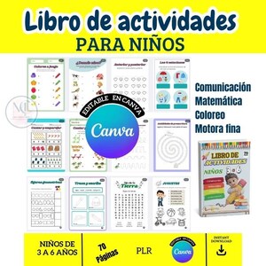 May include: A colorful activity book for children, featuring various educational exercises. The cover displays the title "Libro de actividades PARA NI&Ntilde;OS" and includes the Canva logo. The book contains 70 pages of activities for children aged 3 to 6.