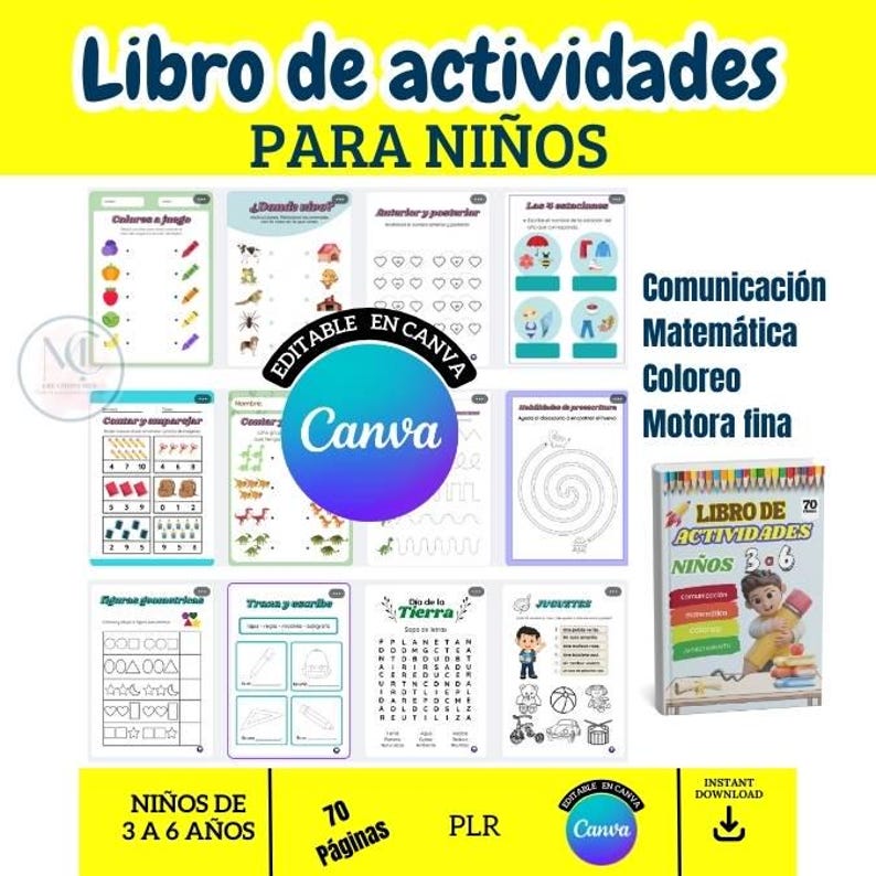 May include: A colorful activity book for children, featuring various educational exercises. The cover displays the title "Libro de actividades PARA NI&Ntilde;OS" and includes the Canva logo. The book contains 70 pages of activities for children aged 3 to 6.