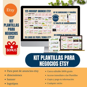 Puede incluir: Un kit de marketing digital para negocios de Etsy. La imagen muestra un monitor de computadora, una computadora portátil y una tableta que muestran maquetas, plantillas y elementos de diseño. El texto incluye "125 Mockup Anuncio Etsy", "Kit Plantillas Para Negocios Etsy" y "Bonus".