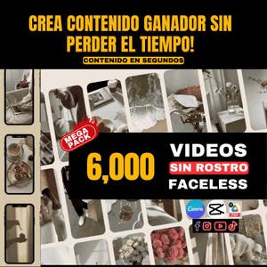 May include: A collage of images featuring a variety of scenes, including a laptop, a cup of coffee, a bicycle, flowers, and a beach. The text "CREA CONTENIDO GANADOR SIN PERDER EL TIEMPO!" is at the top of the image, and the text "6,000 VIDEOS SIN ROSTRO FACELESS" is at the bottom. The text "MEGA PACK" is in a red circle with a yellow flame.