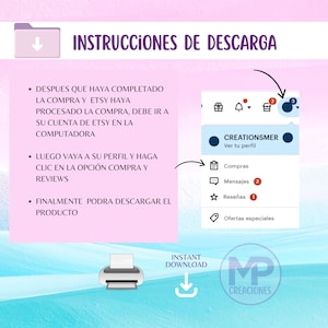 May include: A Spanish-language guide for downloading products from Etsy, featuring screenshots and a printer icon. The text reads "INSTRUCCIONES DE DESCARGA" and "INSTANT DOWNLOAD". The guide provides step-by-step instructions.