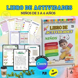 May include: A colorful activity book for children aged 3-6, featuring a cartoon boy with a pencil. The cover displays the title "LIBRO DE ACTIVIDADES" and includes sections for communication, math, coloring, and preparation. Additional activity sheets are also shown.