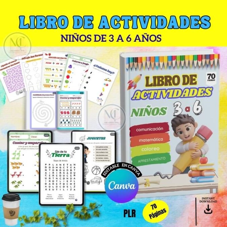 May include: A colorful activity book for children aged 3-6, featuring a cartoon boy with a pencil. The cover displays the title "LIBRO DE ACTIVIDADES" and includes sections for communication, math, coloring, and preparation. Additional activity sheets are also shown.