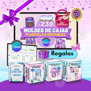 230 Moldes de Cajas para Fiestas | 230+ Plantillas Editables en Canva | Cajas para Cumpleaños, Dulces y Eventos, caja san Valentín +4 Bonos