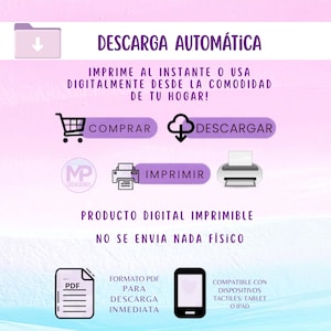 May include: A digital product graphic with the text "DESCARGA AUTOM&Aacute;TICA" and instructions to print or use digitally. Includes icons for buying, downloading, and printing, along with a PDF and tablet illustration. The product is a digital printable.
