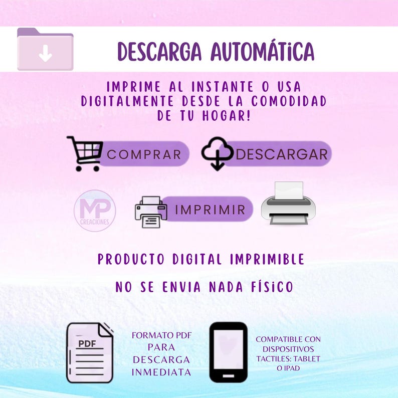 May include: A digital product graphic with the text "DESCARGA AUTOM&Aacute;TICA" and instructions to print or use digitally. Includes icons for buying, downloading, and printing, along with a PDF and tablet illustration. The product is a digital printable.