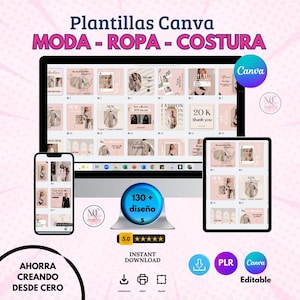 Puede incluir: Una pantalla de ordenador que muestra una colección de más de 130 plantillas de Canva para moda, ropa y costura. Las plantillas están en un esquema de color rosa y blanco y presentan imágenes de ropa, accesorios y otros artículos relacionados con la moda. El texto "130+ diseño" es visible en un círculo rojo en la parte inferior central de la imagen. El texto "Canva" es visible en la esquina superior derecha de la imagen.