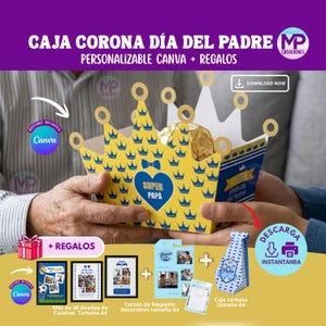 May include: A yellow and blue crown-shaped gift box with the text "SUPER PAP&Aacute;" on the front. The box is filled with a gold-wrapped treat. Additional gifts include framed photos, a card, and a bow tie box. The text reads "CAJA CORONA D&Iacute;A DEL PADRE".