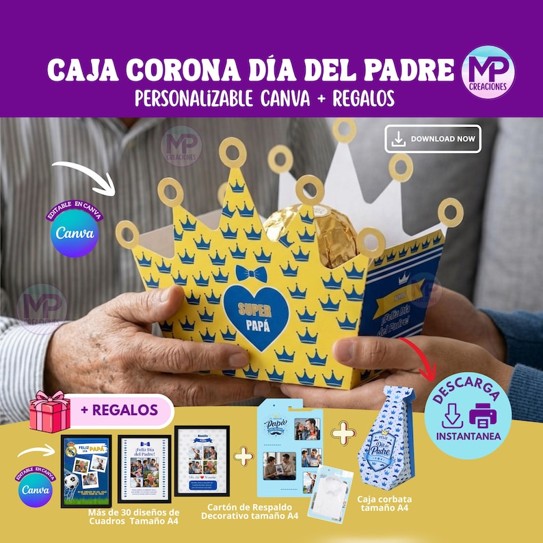 May include: A yellow and blue crown-shaped gift box with the text "SUPER PAP&Aacute;" on the front. The box is filled with a gold-wrapped treat. Additional gifts include framed photos, a card, and a bow tie box. The text reads "CAJA CORONA D&Iacute;A DEL PADRE".