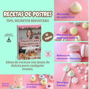 Könnte beinhalten: Ein Kochbuch mit dem Titel "Postres que enamoran" mit einer Frau auf dem Cover, umgeben von Bildern von Desserts wie Mini-Zitronen-Quark-Törtchen, Macarons und Baiser-Lollis. Der Text enthält "Rezepte - Tipps - Geheimnisse" und "Ideen für Rezepte mit süßem Teig".