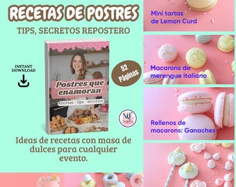 Ebook de Recetas de Postres | PDF Descargable | Donuts, Macarons, Bizcochos y Tartas | Libro Digital de Repostería/diario de recetas/postres