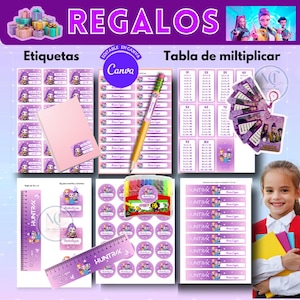 May include: A collection of school supplies and gift items, including labels, a notebook, a pencil, multiplication flashcards, a ruler, stickers, and markers. The items feature a purple and pink color scheme with cartoon character designs. The word "REGALOS" is at the top.