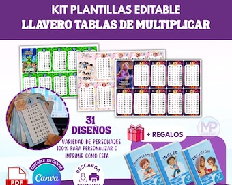 Printable Multiplication Tables with Canva | Customizable Educational Keychain (31 designs) | School Resource for Kids | Instant PDF Download