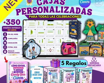 Plus de 350 modèles de boîtes Canva modifiables | Anniversaire, Fête des Pères, Fête des Professeurs, Cadeaux personnalisés, Modèles de boîtes à dragées, Bonus