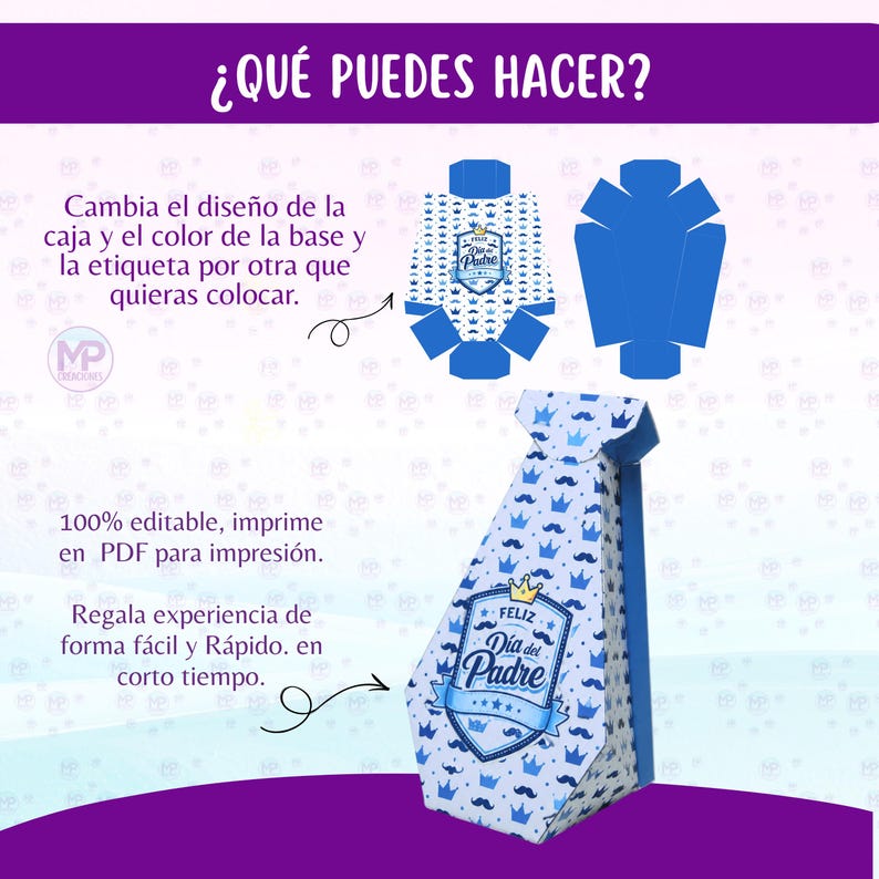 May include: A blue and white tie-shaped gift box with a crown and mustache pattern, and the text "Feliz D&iacute;a del Padre". The image also shows the box's template and instructions in Spanish.