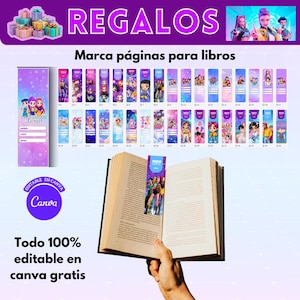 May include: A collection of colorful bookmarks with various character designs, displayed with an open book. The bookmarks are rectangular and feature illustrations and text. The image also includes text in Spanish: "REGALOS" and "Marca p&aacute;ginas para libros."