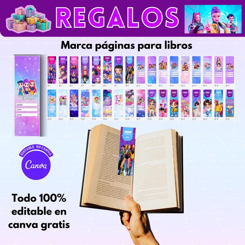 May include: A collection of colorful bookmarks with various character designs, displayed with an open book. The bookmarks are rectangular and feature illustrations and text. The image also includes text in Spanish: "REGALOS" and "Marca p&aacute;ginas para libros."