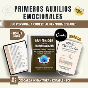 Puede incluir: Imagen que muestra un libro titulado "PRIMEROS AUXILIOS EMOCIONALES" con un gráfico de cerebro azul, una tableta y otro libro. El texto incluye "70% OFF", "+ BONUS GRATIS" y "DESCARGA INSTANTANEA / EDITABLE + PDF".