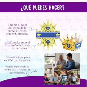 May include: A graphic with the text "&iquest;QU&Eacute; PUEDES HACER?" and instructions for customising a crown-shaped box. The box is yellow with blue accents and a heart design. The image also shows a family interacting with the box.