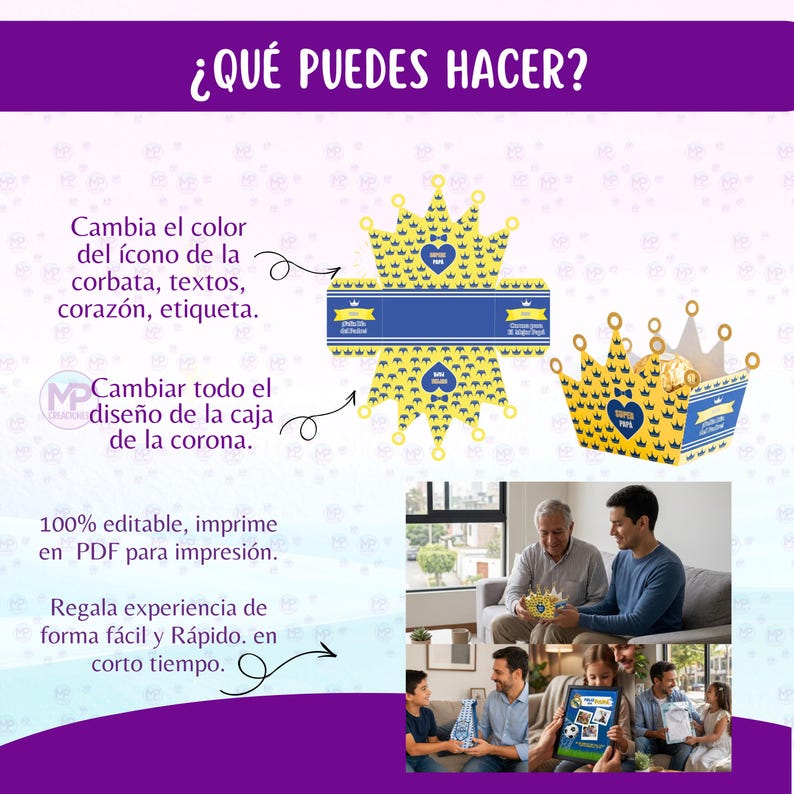 May include: A graphic with the text "&iquest;QU&Eacute; PUEDES HACER?" and instructions for customising a crown-shaped box. The box is yellow with blue accents and a heart design. The image also shows a family interacting with the box.