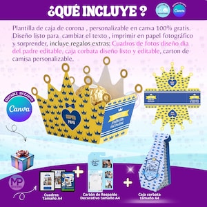 May include: A Father's Day gift set with a crown-shaped box, the text "Super Papa" and "Feliz D&iacute;a del Padre." The set includes a gift box, photo frames, a decorative backing card, and a tie-shaped box.