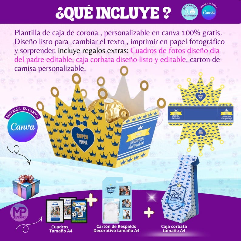 May include: A Father's Day gift set with a crown-shaped box, the text "Super Papa" and "Feliz D&iacute;a del Padre." The set includes a gift box, photo frames, a decorative backing card, and a tie-shaped box.