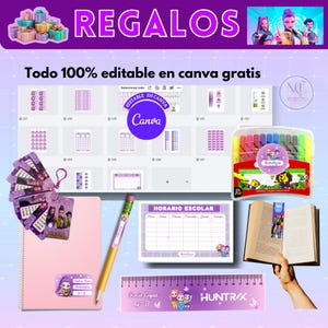 May include: A collection of school supplies and gifts, including a notebook, pencil, ruler, and markers. The image features the word "REGALOS" and the text "Todo 100% editable en canva gratis". The items are in shades of purple and pink.