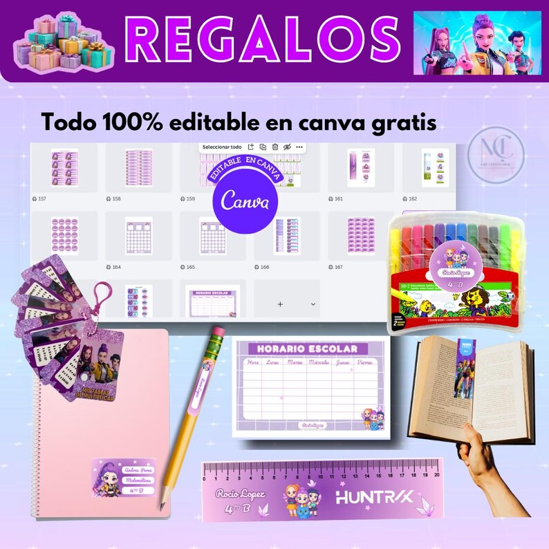 May include: A collection of school supplies and gifts, including a notebook, pencil, ruler, and markers. The image features the word "REGALOS" and the text "Todo 100% editable en canva gratis". The items are in shades of purple and pink.