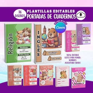 Op de afbeelding: Een verzameling bewerkbare kaftontwerpen voor notitieboeken met verschillende vakken zoals godsdienst, Engels en wiskunde. Elke kaft toont kleurrijke illustraties van dieren en tekst, inclusief vaknamen en klasniveau. De kaften zijn ontworpen voor basisschoolleerlingen.