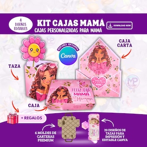 Puede incluir: Un kit de cajas rosas con el texto "KIT CAJAS MAMÁ" y "CAJAS PERSONALIZADAS PARA MAMÁ". El kit incluye una tarjeta en forma de flor, una taza, una caja y una tarjeta en forma de carta, todas con ilustraciones de una mujer. El kit también incluye un bolso y un perfume.