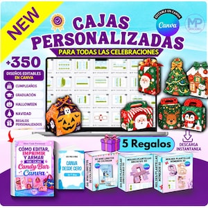 Puede incluir: Un paquete de productos digitales con plantillas editables para cajas personalizadas en Canva. La imagen muestra varios diseños de cajas con motivos festivos, incluyendo Santa Claus, renos y calabazas, junto a guías para editar e imprimir.