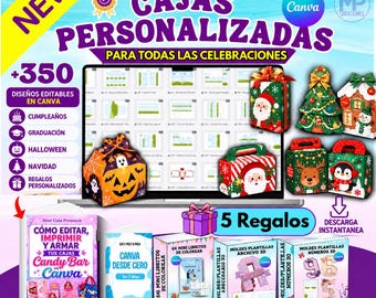 Pode incluir: Um pacote de produtos digitais com modelos editáveis para caixas personalizadas no Canva. A imagem exibe vários designs de caixas com temas festivos, incluindo motivos de Papai Noel, renas e abóboras, junto com guias para edição e impressão.